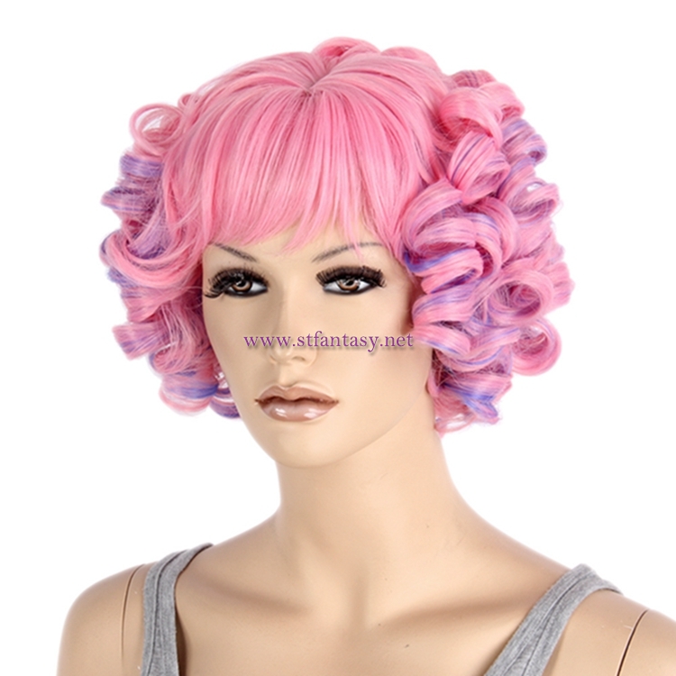 Guangzhou Party Wigs Wholesale Purple Mixed Pink Deep Curly Short Hair Wig For Women