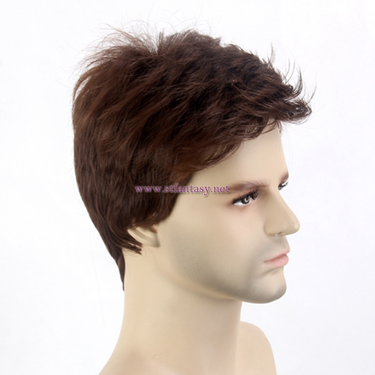 Men Short Wig-12 Inch Brown Short Synthetic Hair Wig With Handsome Bangs For Men