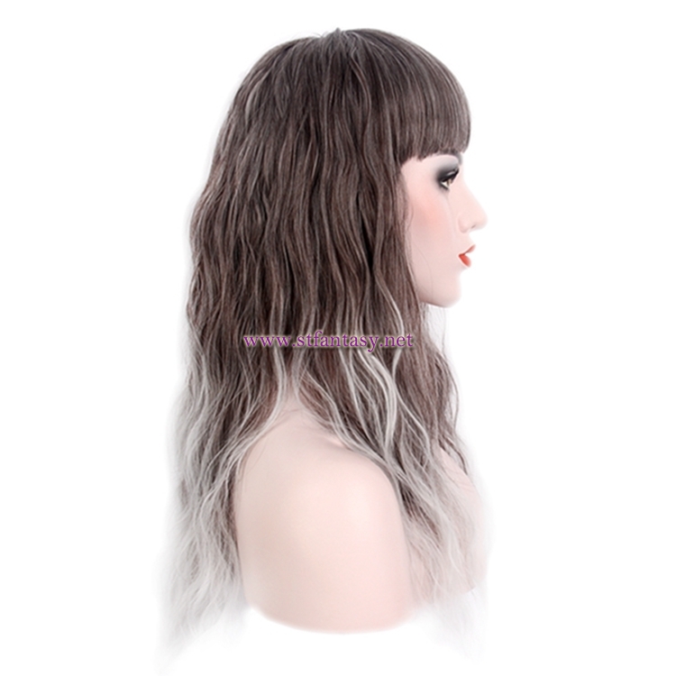 Silver Grey Ombre Wig-Wholesale Synthetic Long Curly Hair Wig With Bangs For Women