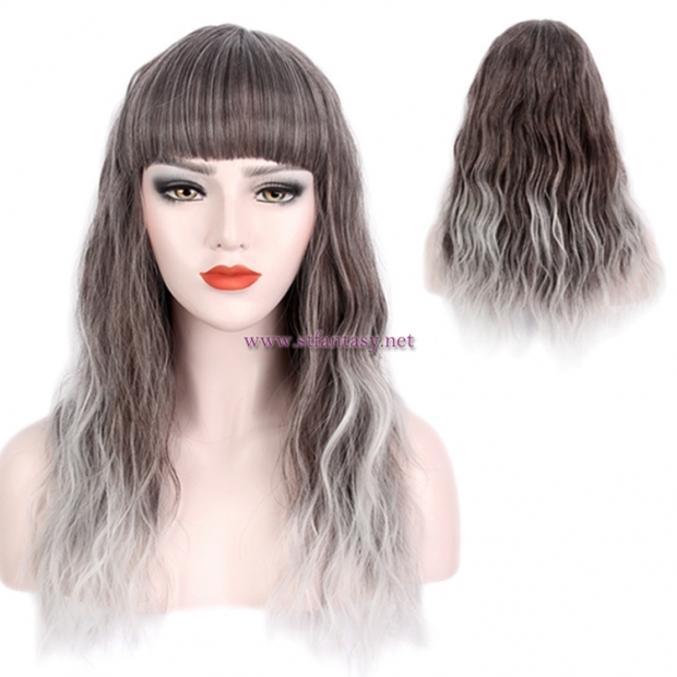 Silver Grey Ombre Wig-Wholesale Synthetic Long Curly Hair Wig With Bangs For Women
