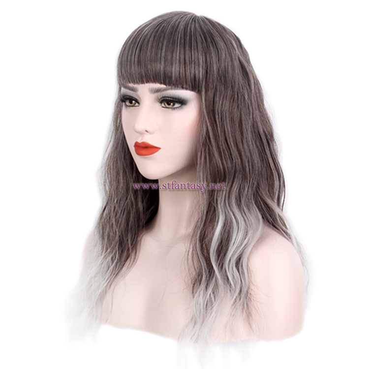 Silver Grey Ombre Wig-Wholesale Synthetic Long Curly Hair Wig With Bangs For Women