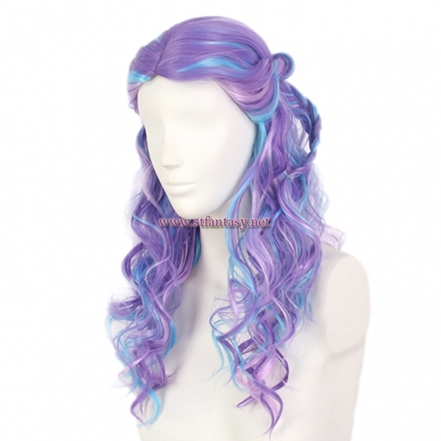 Colorful Long Curly Wig-Purple Mixed Blue Color Heat High Temperature Synthetic Hair Wig For Party