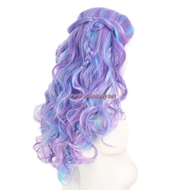 Colorful Long Curly Wig-Purple Mixed Blue Color Heat High Temperature Synthetic Hair Wig For Party