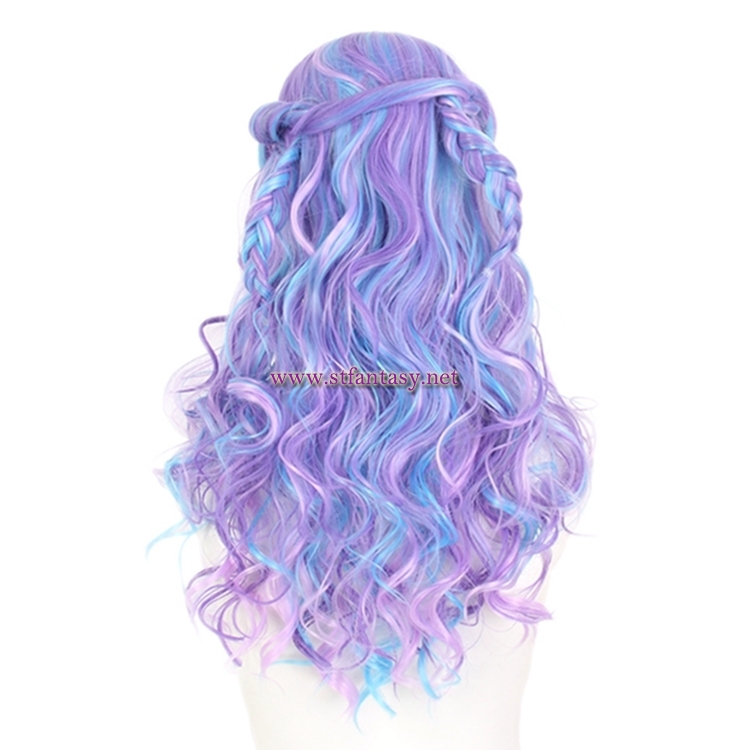 Colorful Long Curly Wig-Purple Mixed Blue Color Heat High Temperature Synthetic Hair Wig For Party