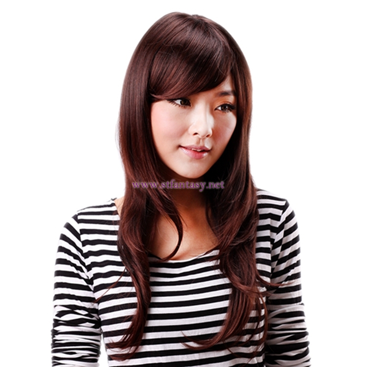 Shenzhen Wig-Wholesale Long Brown Natural Wavy Wig With Side Bangs