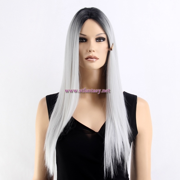 Black Ombre Silver Gray Wig-Wholesale 27" Heat Resistant Fiber Wig From Guangzhou
