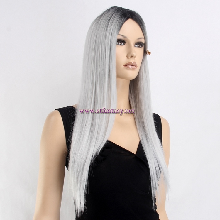 Black Ombre Silver Gray Wig-Wholesale 27" Heat Resistant Fiber Wig From Guangzhou