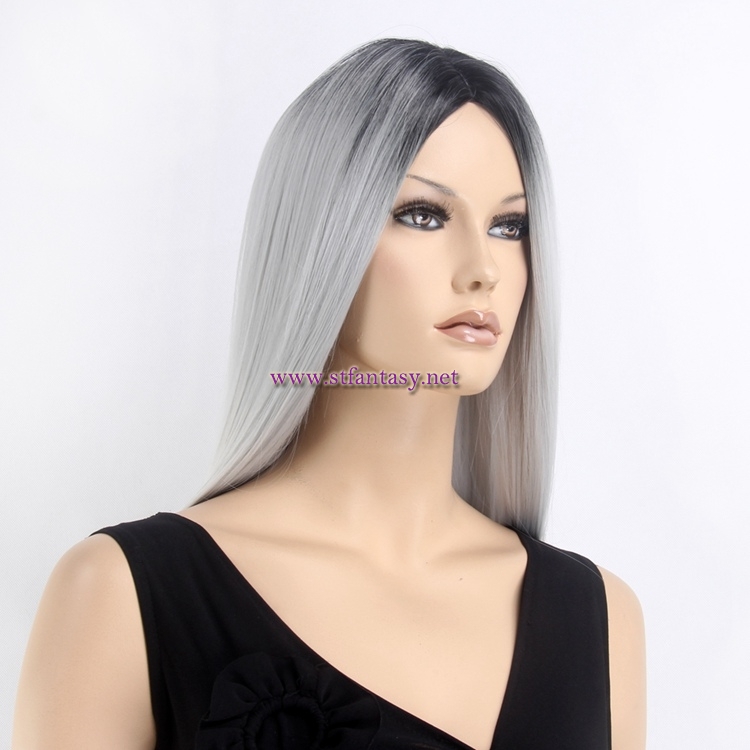 Black Ombre Silver Gray Wig-Wholesale 27" Heat Resistant Fiber Wig From Guangzhou