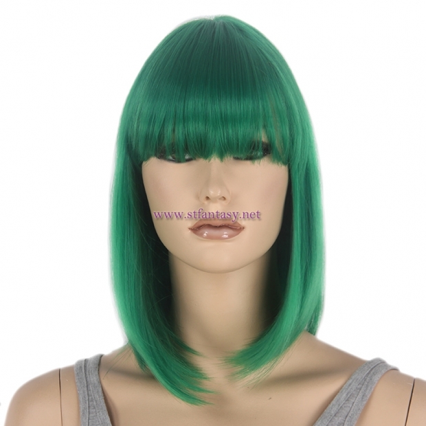 Party Wig Supplier-Wholesale 14" Short Bob Wig  Green Wig with Bangs