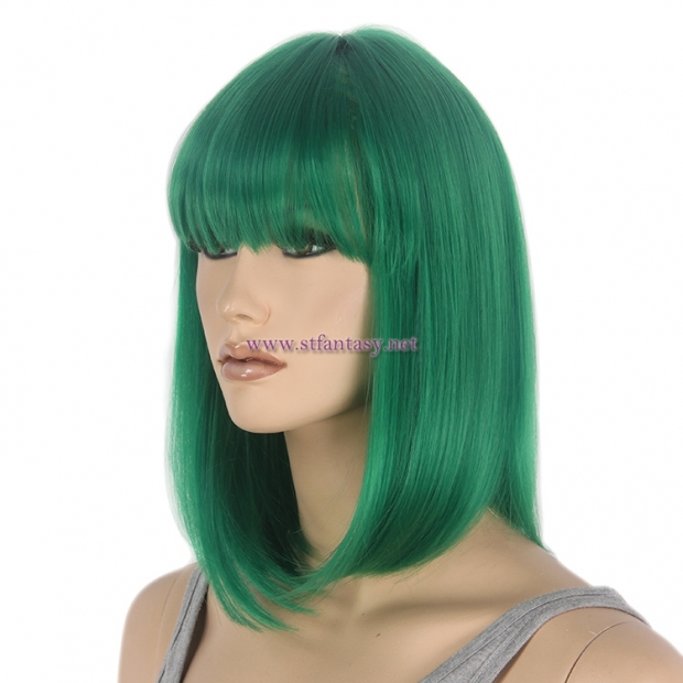 Party Wig Supplier-Wholesale 14" Short Bob Wig  Green Wig with Bangs