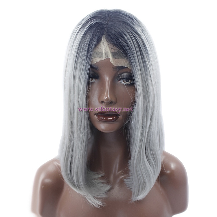 China Wig Supplier- Black Ombre Gray Straight Synthe Lace Front