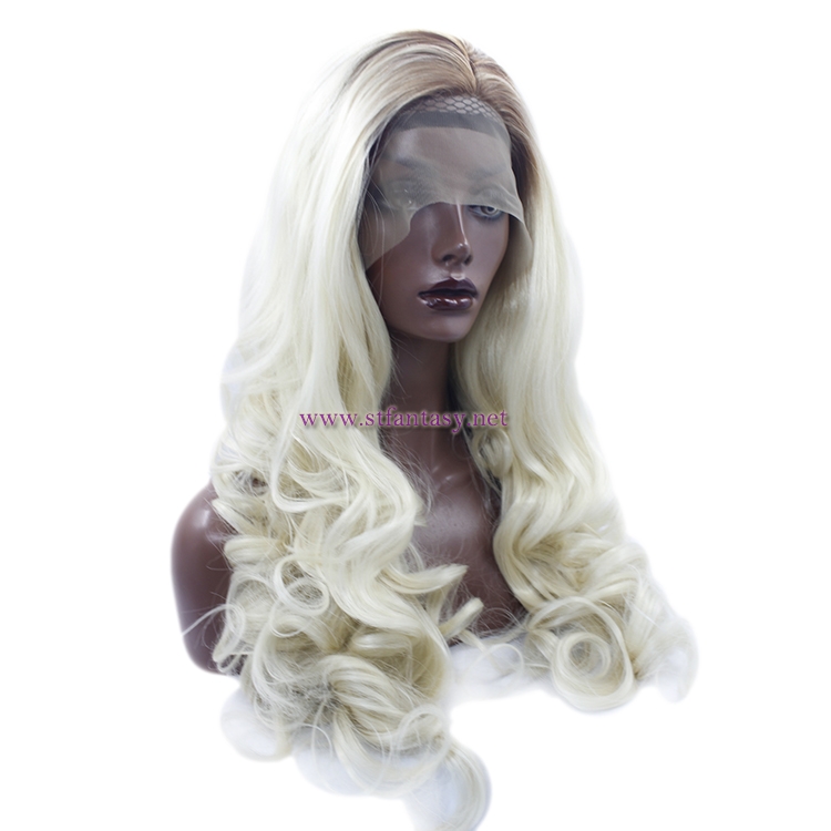 China Wig Supplier- 27 inch Long Curly Light Yellow Synthetic Lace Front Wig