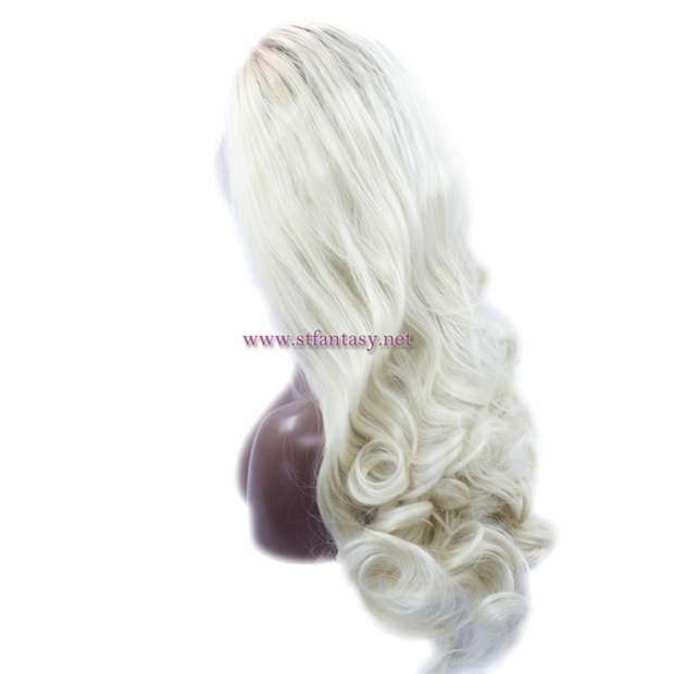 China Wig Supplier- 27 inch Long Curly Light Yellow Synthetic Lace Front Wig