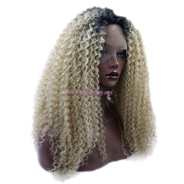 Short Afro Wig-Wholesale  Light  Yellow Curly Synthetic Lace Front Wig