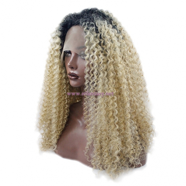 Short Afro Wig-Wholesale  Light  Yellow Curly Synthetic Lace Front Wig
