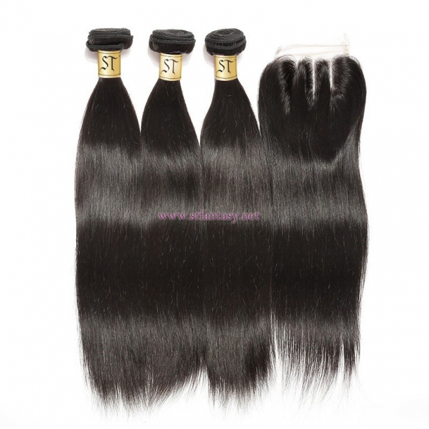 ST Fantasy Straight Peruvian Virgin Human Hair Lace Closure And 4Bundles