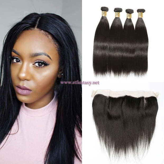 ST Fantasy Brazilian Straight Hair Lace Frontal Closure With 4Bundles Natural Color