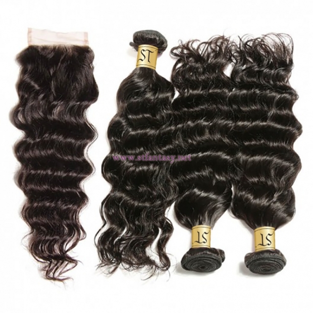 ST Fantasy Indian Natural Wave Closure With 3Bundles Virgin Human Hair Weave