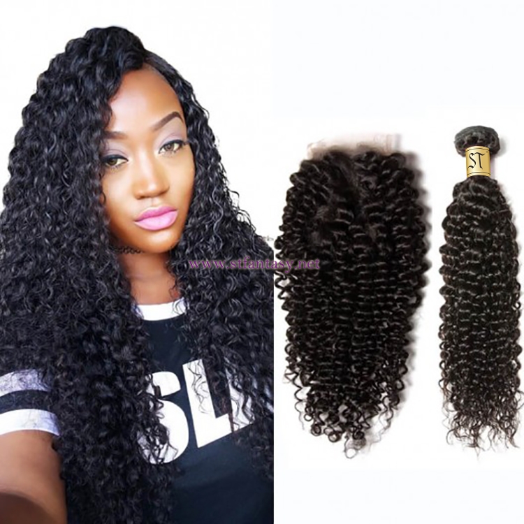 ST Fantasy Best Curly Malaysian Virgin Hair 3Bundles With Lace Closure