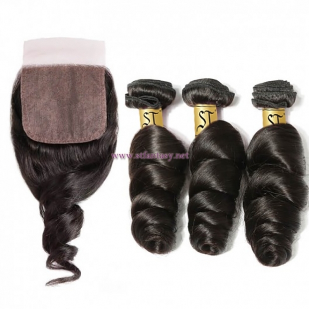 ST Fantasy Loose Wave Human Virgin Hair 3Bundles With Lace Closure Natural Color