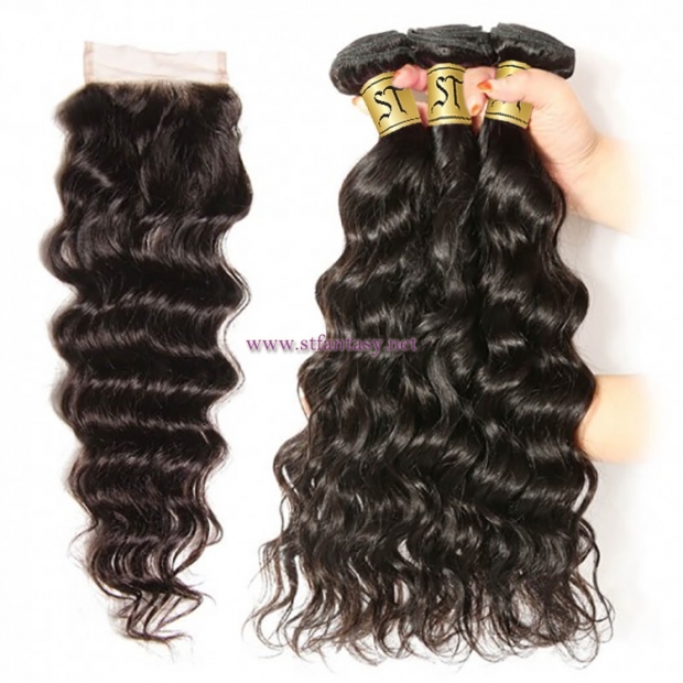 ST Fantasy Brazilian Natural Wave 3 Bundles With Closure Virgin Hair On Sale