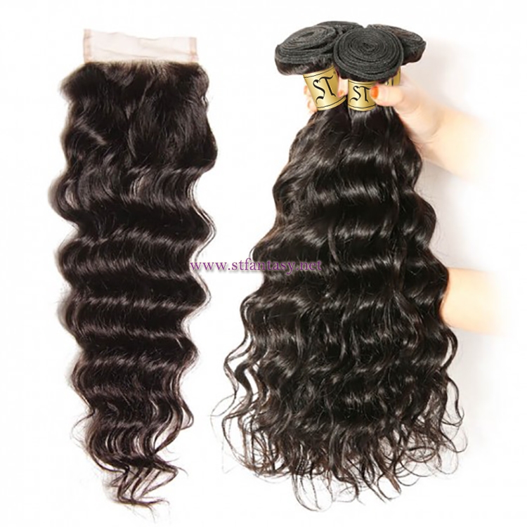 ST Fantasy Malaysian Natural Wave Lace Closure With 3 Bundles Human Hair Weave