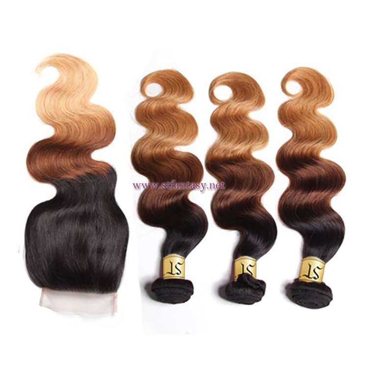 ST Fantasy  Dark Blonde Ombre Hair 1b427 Body Wave Weave 3Bundles With Lace Closure