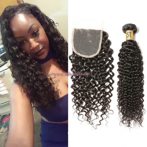 ST Fantasy  Indian Curly Lace Closure With Virgin Hair 4Bundles