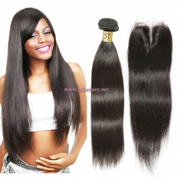 ST Fantasy Straight Peruvian Virgin Human Hair Lace Closure And 4Bundles