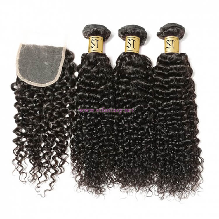 ST Fantasy Human Hair 4Bundles With Curly Peruvian Lace Closure