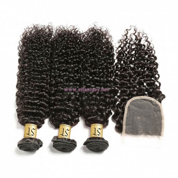 ST Fantasy  Indian Curly Lace Closure With Virgin Hair 4Bundles