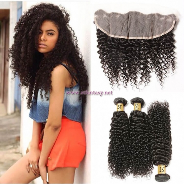 ST Fantasy  Human Hair 3Bundles With Lace Frontal Closure Brazilian Jerry Curly