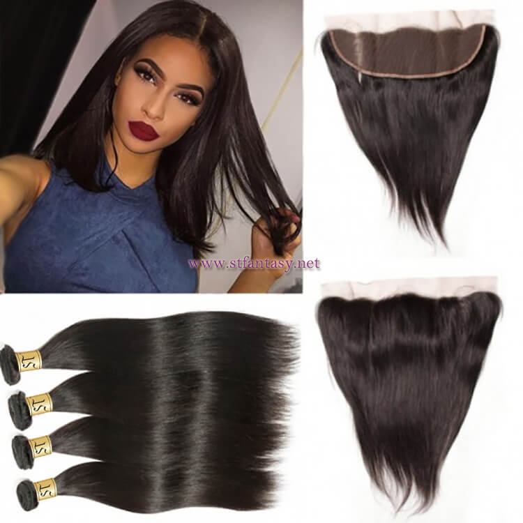 ST Fantasy Brazilian Straight Hair Lace Frontal Closure With 4Bundles Natural Color