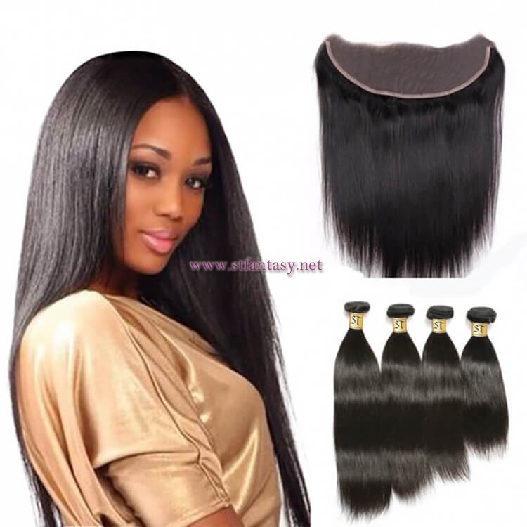 ST Fantasy Peruvian Straight Hair Lace Frontal Closure 134 With 3Bundles