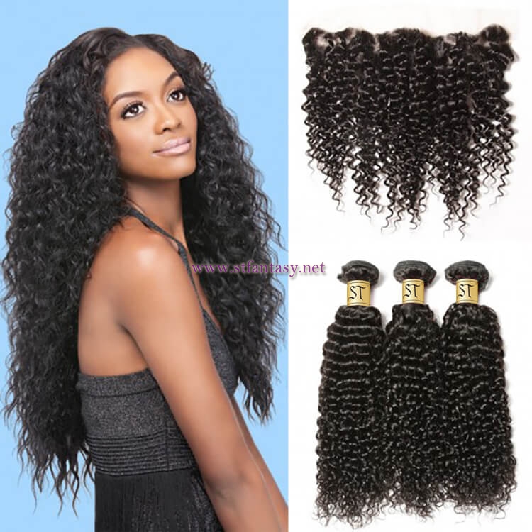 ST Fantasy  Peruvian Jerry Curly Hair 134 Lace Frontal Closure With 3Bundles