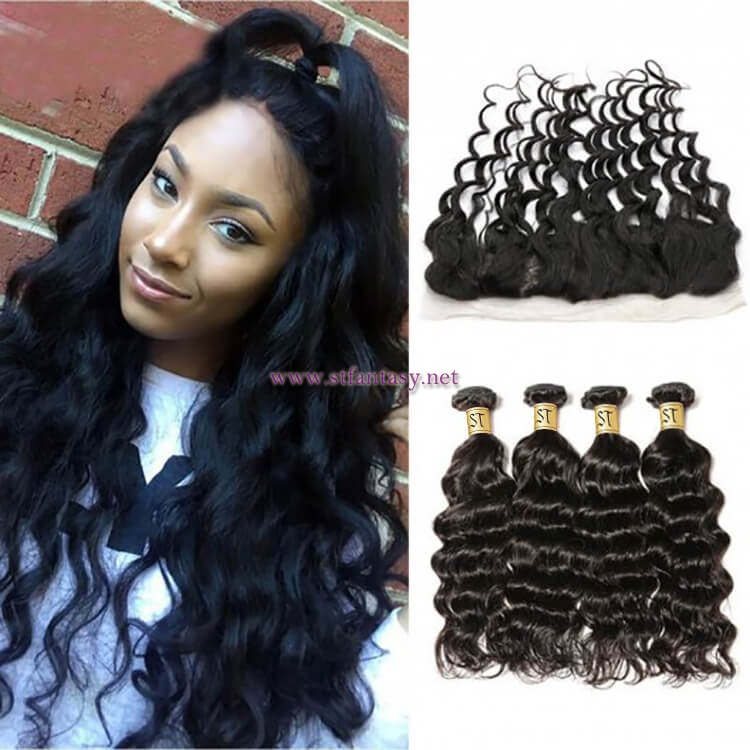 ST Fantasy 13”X4” Free Part Lace Frontal Closure With 4Bundles Natural Wave Virgin Hair