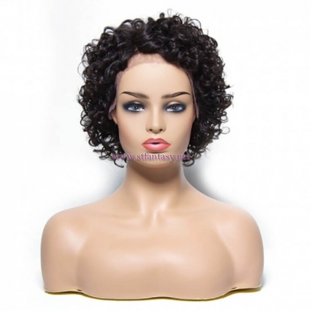 ST Fantasy Natural Hairline Short Curly Side Part Lace Human Hair Wig 4 colors