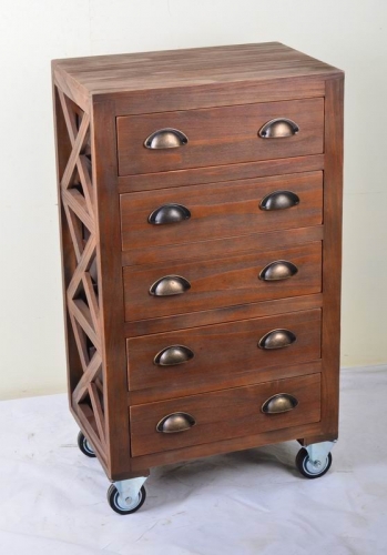 Wooden 5 Drawers Cupboard Storage Cabinet with 4 Rolling Wheels, Natural Wood Finish