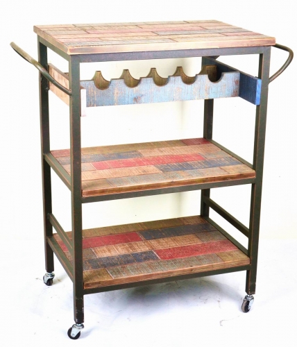 3-Tier Metal and Wooden Rolling Cart Wheeled Shelf with Wine Holder