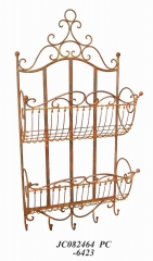 Decorative Rustic Wrought Iron Metal Outdoor Patio. 2-TIER WALL BASKET WITH HOOKS