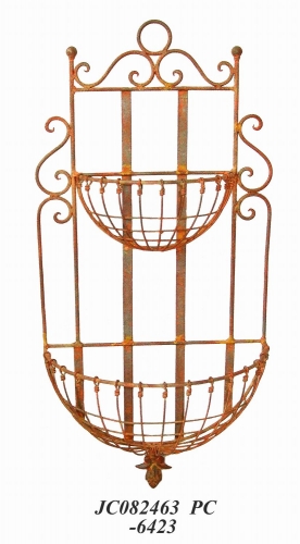 Decorative Rustic Wrought Iron Metal Outdoor Patio. 2-TIER WALL BASKET