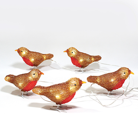 Set of 5, 30 Led, Acrylic Robins Lights Garden Outdoor Birds Christmas Lights