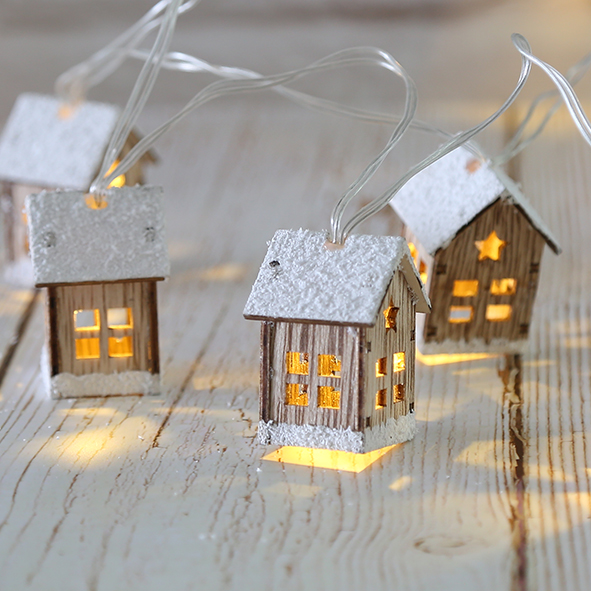 Led Wooden Mini House String Lights