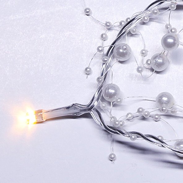 White Pearl Motif Led String Lights ,  Silver Copper Wire