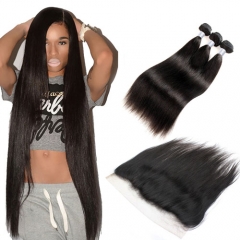 Brazilian Virgin Hair Bundles with Lace Frontal 1B Natural Black Soft Remy Hair Straight Hair Weave With  HD Frontal