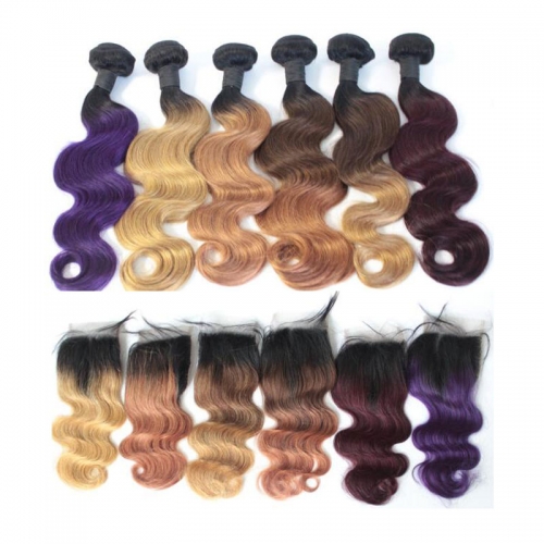 Body Wave Ombre color hair bundles with closure human hair Wavy Brazilian virgin hair