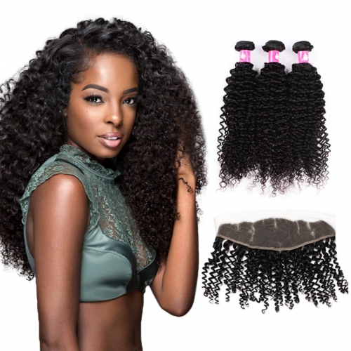 Brazilian Deep Curly Hair Bundles with Lace Frontal Closure 1B Natural Black Soft Remy Hair