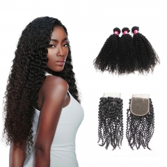 Brazilian Kinky Curly Human Hair Bundles with Lace Closure 1B Natural Black Soft Hair