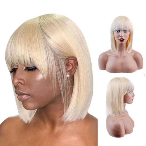 613 Human Hair Wigs With Bangs Straight Blonde Bob Wigs Short Cut Wigs For Women
