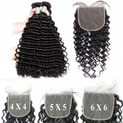 Brazilian Deep Wave Hair Bundles With Lace Closure Virgin Human Hair Transparent Top Closure